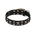 (image for) FDT Artisan 'Rock 'n' Roll Style' Fancy Leather American Bulldog Collar with Skulls, Bones and Studs 1 1/2 inch (40 mm) wide