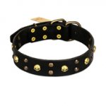 (image for) FDT Artisan 'Heavy Metal' Leather American Bulldog Collar with Skulls and Studs 1 1/2 inch (40 mm)