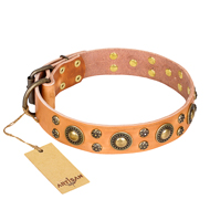 (image for) 'Sophisticated Glamor' FDT Artisan Tan Leather American Bulldog Collar with Fancy Old-Bronze Plated Decorations