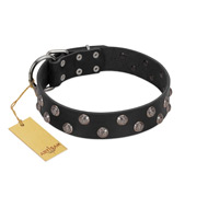 (image for) "Power-Flower" FDT Artisan Black Leather American Bulldog Collar with Two Rows of Silver-like Studs with Engraved Flowers