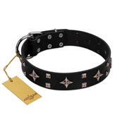(image for) "Snappy Dresser" FDT Artisan Black Leather American Bulldog Collar Adorned with Stars and Tiny Squares