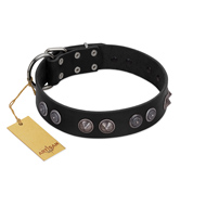 (image for) "Silver Medallions" Mod FDT Artisan Black Leather American Bulldog Collar with Round Plates