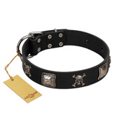 (image for) "Sea Rover" Embellished FDT Artisan Black Leather American Bulldog Collar with Chrome Plated Crossbones and Plates