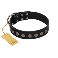 (image for) "Silent Star" Handmade FDT Artisan Designer Black Leather American Bulldog Collar with Engraved Plates