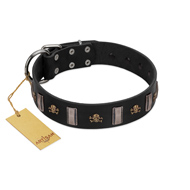 (image for) "Pirates' Symbol" Fashionable FDT Artisan Black Leather American Bulldog Collar with Silver-Like Plates and Gold-Like Skulls