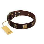 (image for) "Crazy Pirate" FDT Artisan Brown Leather American Bulldog Collar with Old Bronze-Plated Skulls and Plates