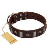 (image for) "War Chief" FDT Artisan Genuine Brown Leather American Bulldog Collar with Skulls and Plates