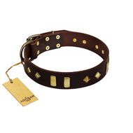 (image for) "Blinking Illusion" FDT Artisan Brown Leather American Bulldog Collar with Old Bronze-like Studs and Plates