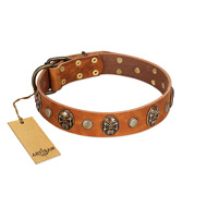 (image for) "Call of Feat" FDT Artisan Tan Leather American Bulldog Collar with Old Bronze-like Studs and Oval Brooches