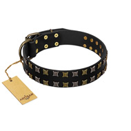 (image for) "Refined Pattern" FDT Artisan Black Leather American Bulldog Collar with Two Rows of Stunning Decorations