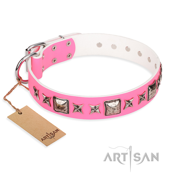 Natural genuine leather dog collar made of soft material with durable hardware