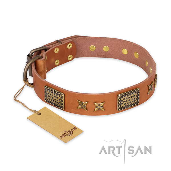 Easy to adjust natural genuine leather dog collar with corrosion proof fittings