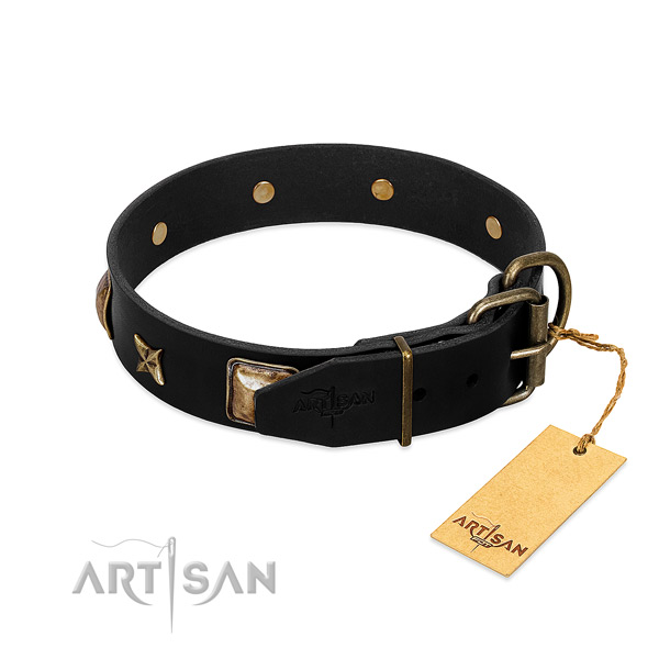 Corrosion resistant D-ring on full grain genuine leather collar for walking your dog