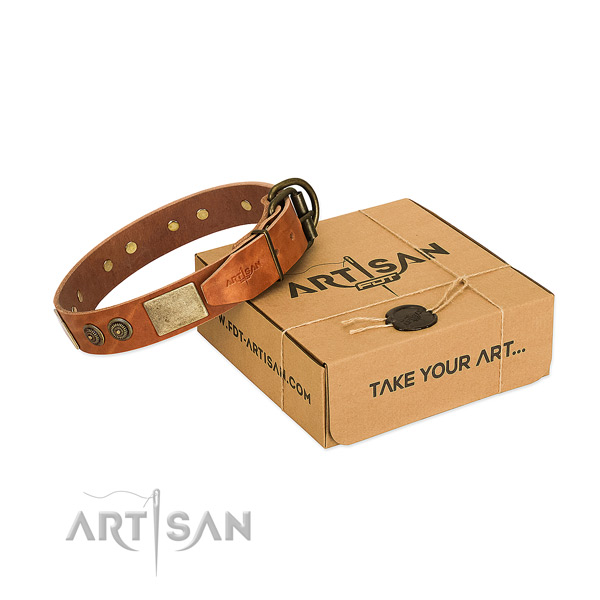 Corrosion proof buckle on genuine leather dog collar for comfy wearing