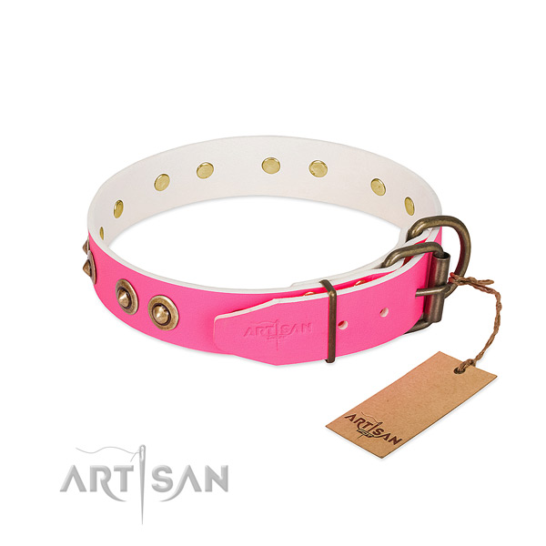 Natural genuine leather dog collar with strong buckle and adornments