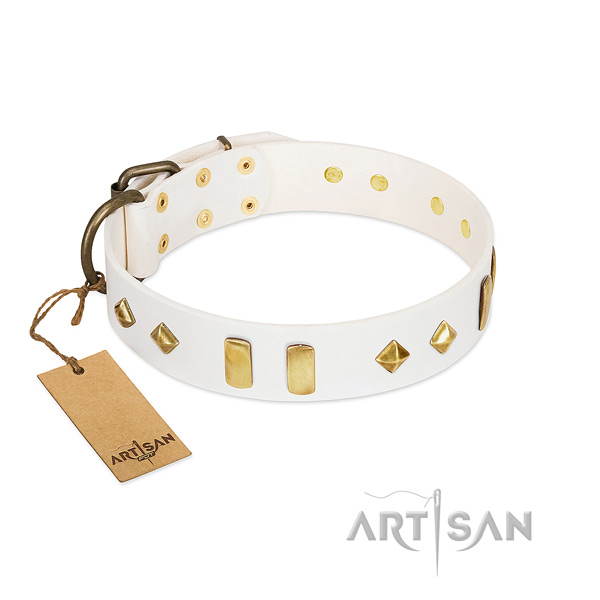 Walking flexible full grain natural leather dog collar with decorations
