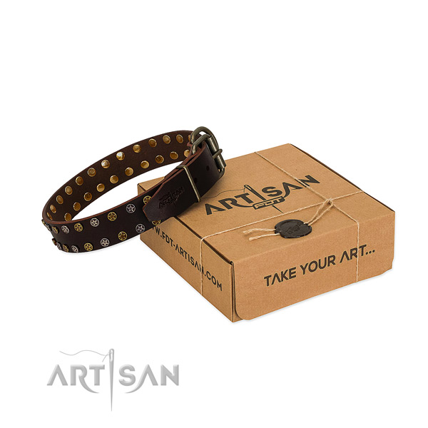 Everyday walking reliable full grain natural leather dog collar with embellishments