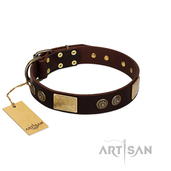 Durable D-ring on genuine leather dog collar for your pet