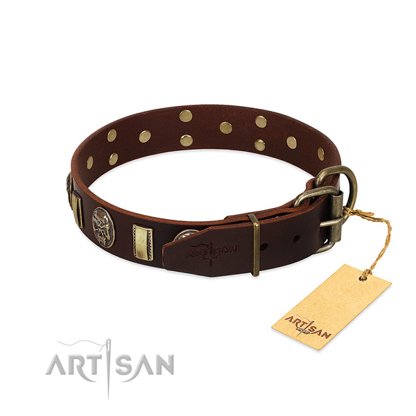 Full grain natural leather dog collar with durable D-ring and decorations