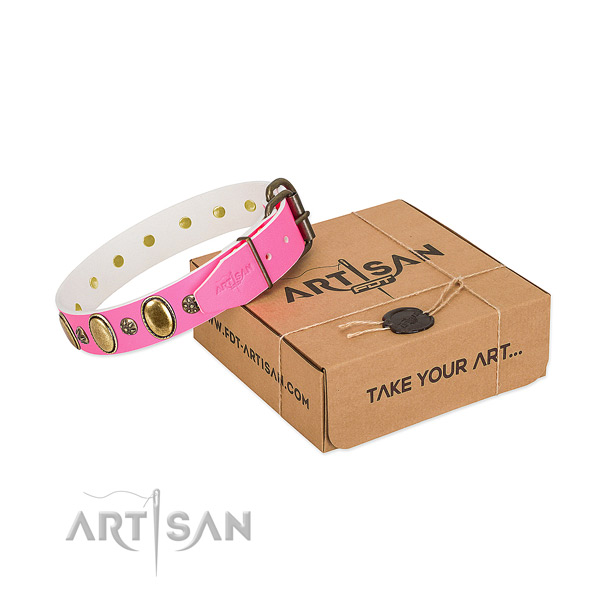 Gentle to touch genuine leather dog collar with rust resistant buckle
