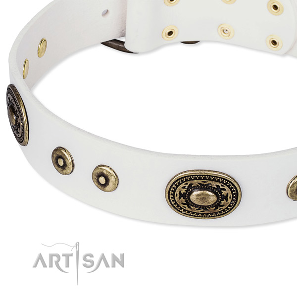 Natural genuine leather dog collar made of soft material with embellishments