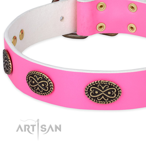 Full grain leather dog collar with adornments for easy wearing