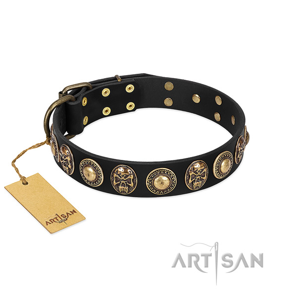 Easy adjustable full grain leather dog collar for walking your dog