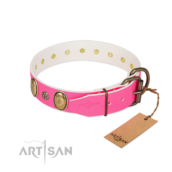 Flexible full grain genuine leather dog collar with decorations
