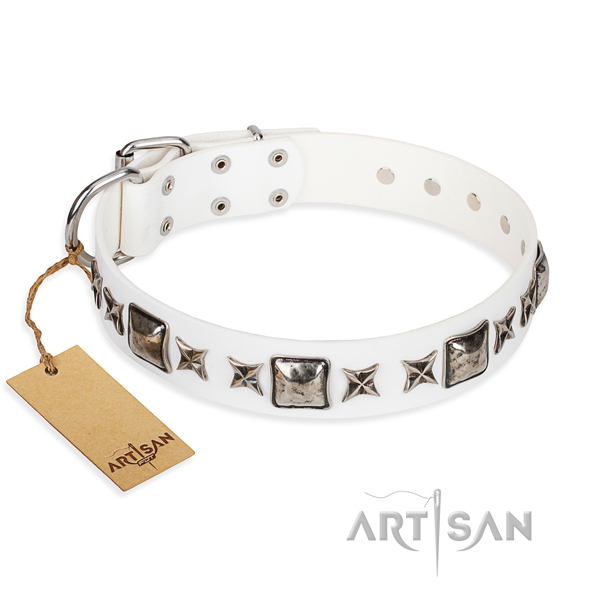 Natural genuine leather dog collar made of soft to touch material with corrosion resistant buckle