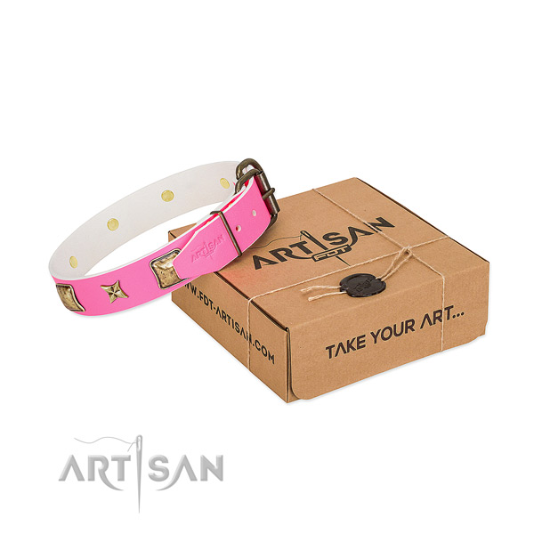 Corrosion proof fittings on full grain genuine leather dog collar for daily use
