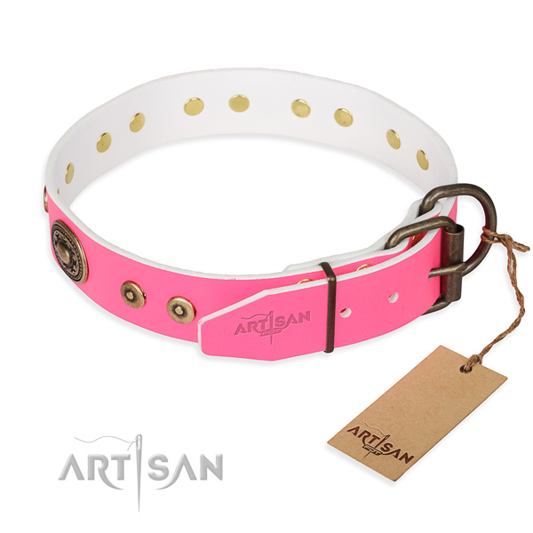 Genuine leather dog collar made of soft to touch material with corrosion resistant decorations