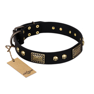 (image for) "Biker Style" FDT Artisan Black Leather American Bulldog Collar with Old Bronze Look Plates and Skulls
