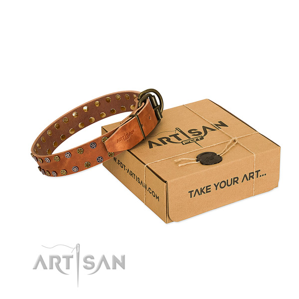 Fancy walking reliable full grain genuine leather dog collar with decorations