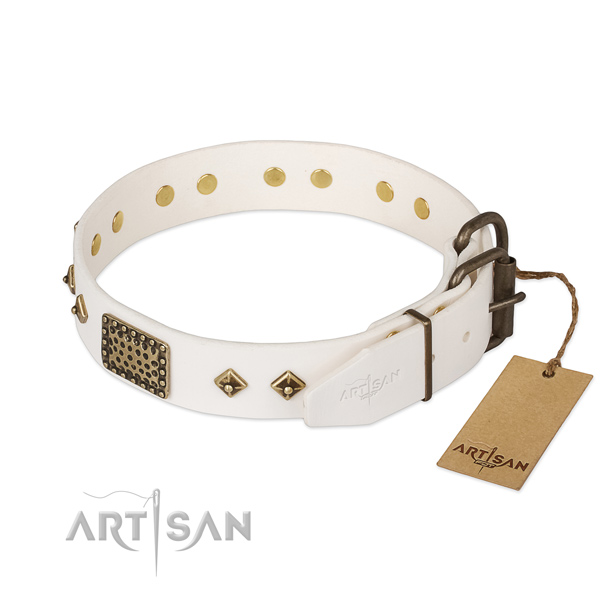 Genuine leather dog collar with corrosion proof D-ring and decorations