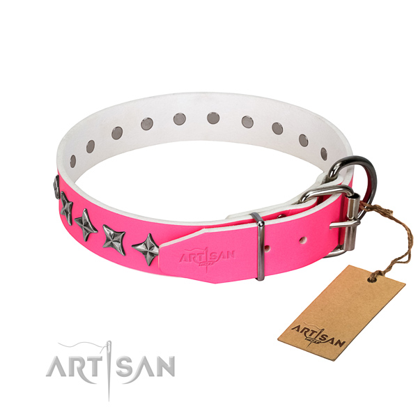 Reliable full grain natural leather dog collar with unique decorations