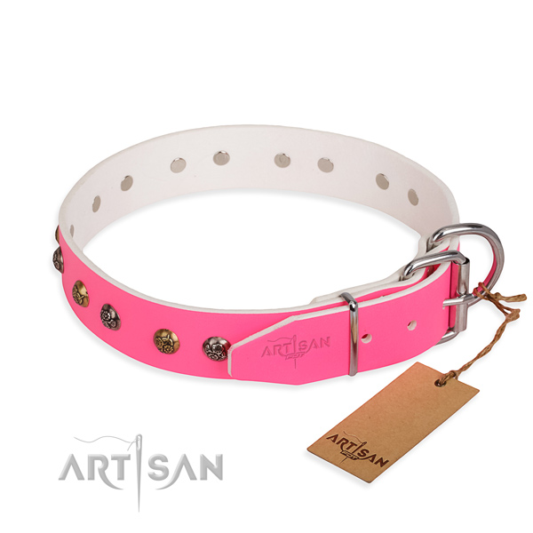 Genuine leather dog collar with top notch corrosion proof embellishments