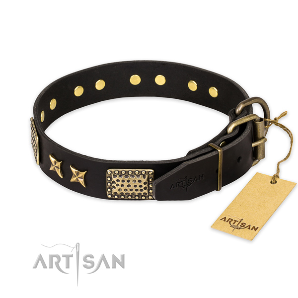 Durable traditional buckle on natural genuine leather collar for your beautiful doggie