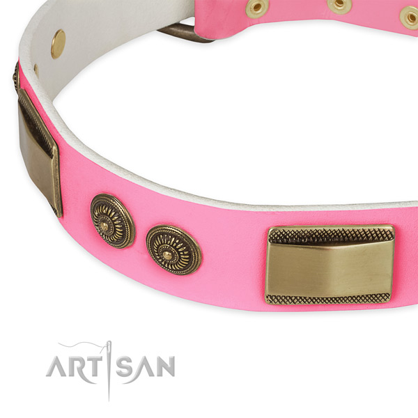 Full grain natural leather dog collar with decorations for handy use