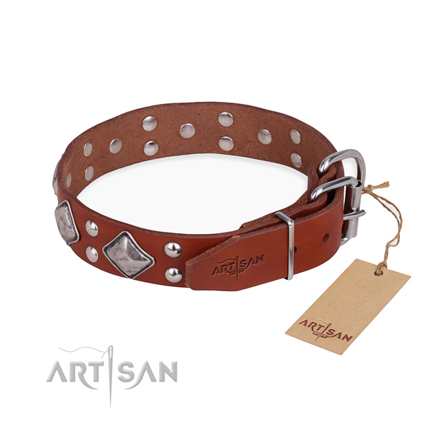 Natural leather dog collar with trendy corrosion proof decorations