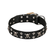 (image for) FDT Artisan 'Rock 'n' Roll Style' Fancy Leather American Bulldog Collar with Skulls, Bones and Studs 1 1/2 inch (40 mm) wide