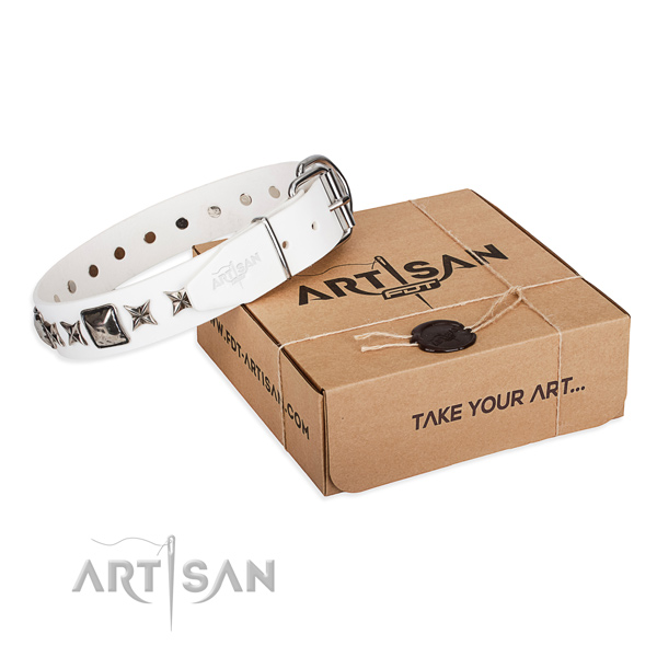 Comfortable wearing leather dog collar with embellishments