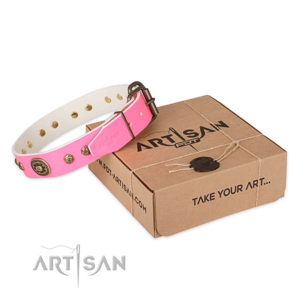 Corrosion proof traditional buckle on full grain genuine leather dog collar for daily use