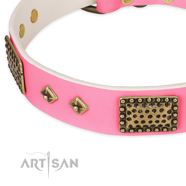Full grain leather dog collar with decorations for comfy wearing