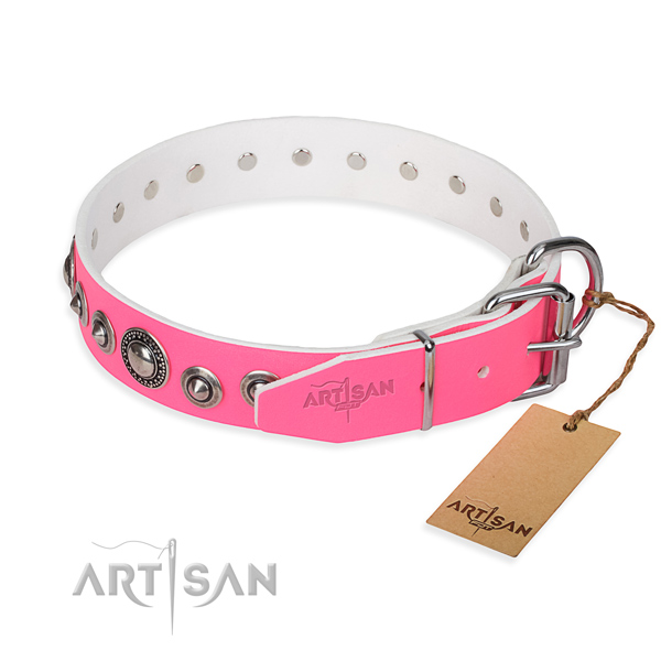 Full grain leather dog collar made of flexible material with corrosion proof adornments
