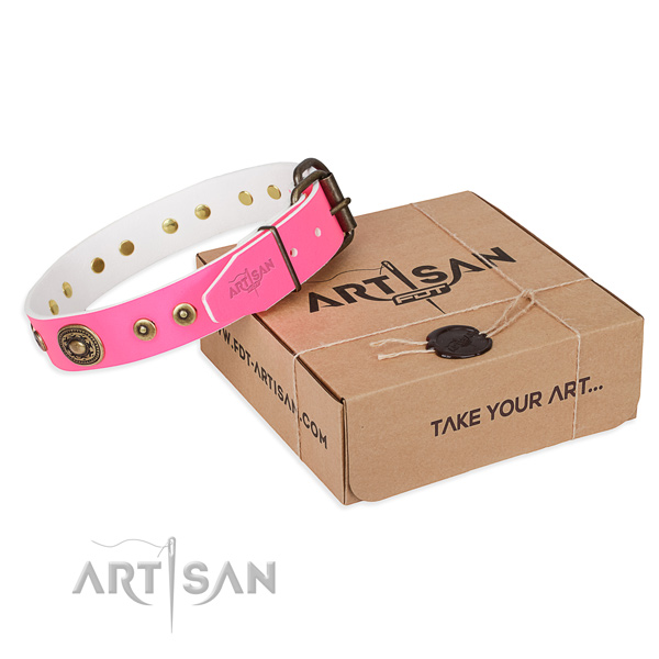 Leather dog collar made of gentle to touch material with rust-proof D-ring