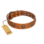 (image for) "Rockstar" FDT Artisan Tan Leather American Bulldog Collar with Engraved Studs and Medallions