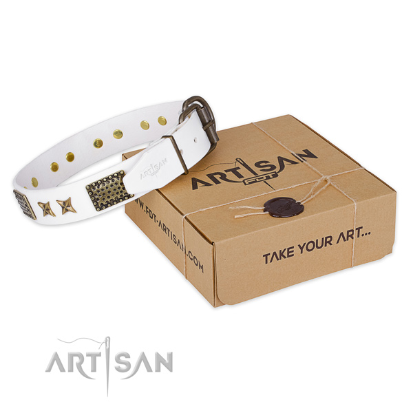 Corrosion resistant hardware on natural genuine leather collar for your stylish pet