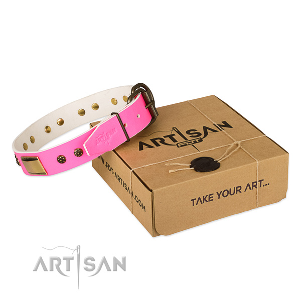 Impressive full grain natural leather collar for your stylish pet