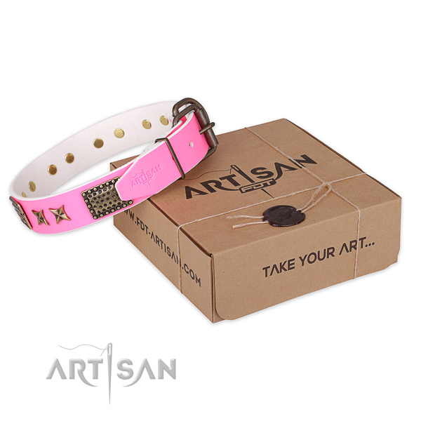 Corrosion resistant D-ring on full grain leather collar for your stylish doggie