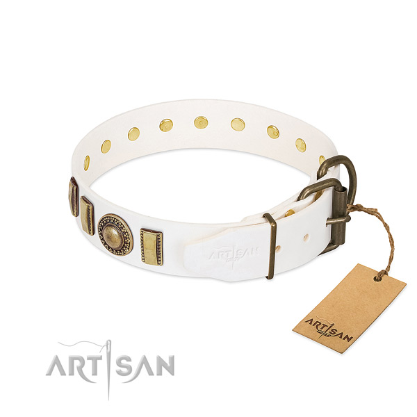 Adjustable genuine leather dog collar with reliable hardware